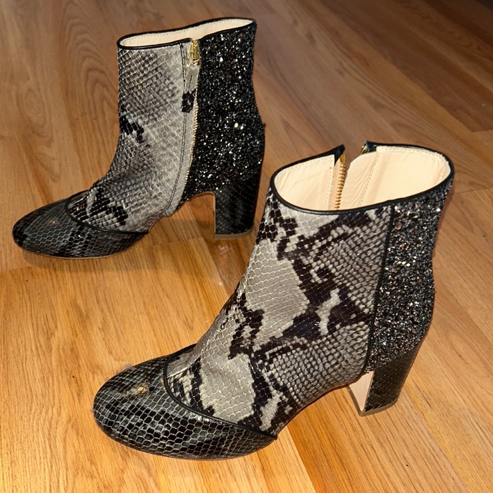 POLLY PLUME LEATHER ANKLE BOOTS. WORN ONCE! SNAKESKIN AND SPARKLES. Size 6.5